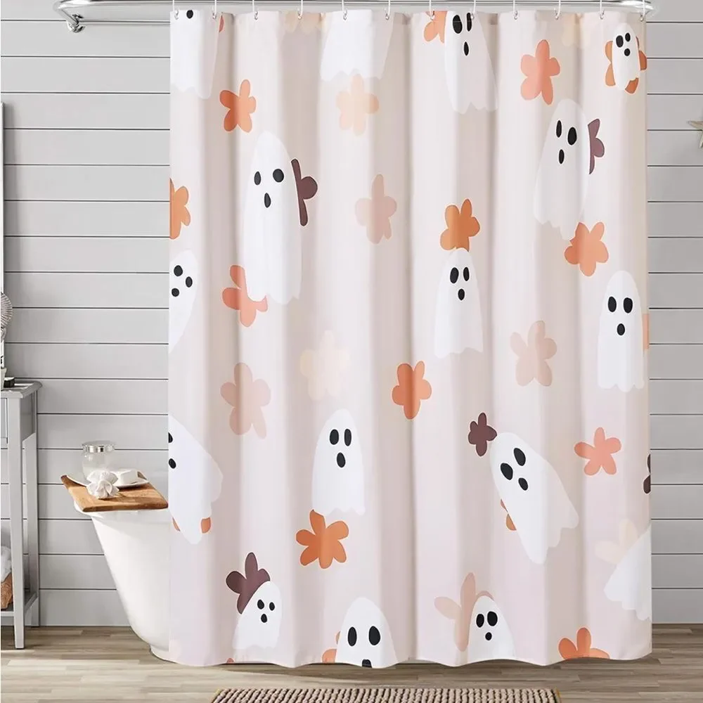 Floral Ghost Bathroom Shower Curtain Set With Hooks, Heavy Duty Fabric,…